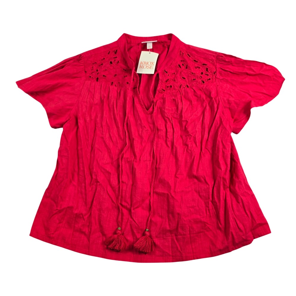 Knox Rose Tassel Blouse Womens XXL Red Eyelet Boho Short Sleeve Top Cottage Boho